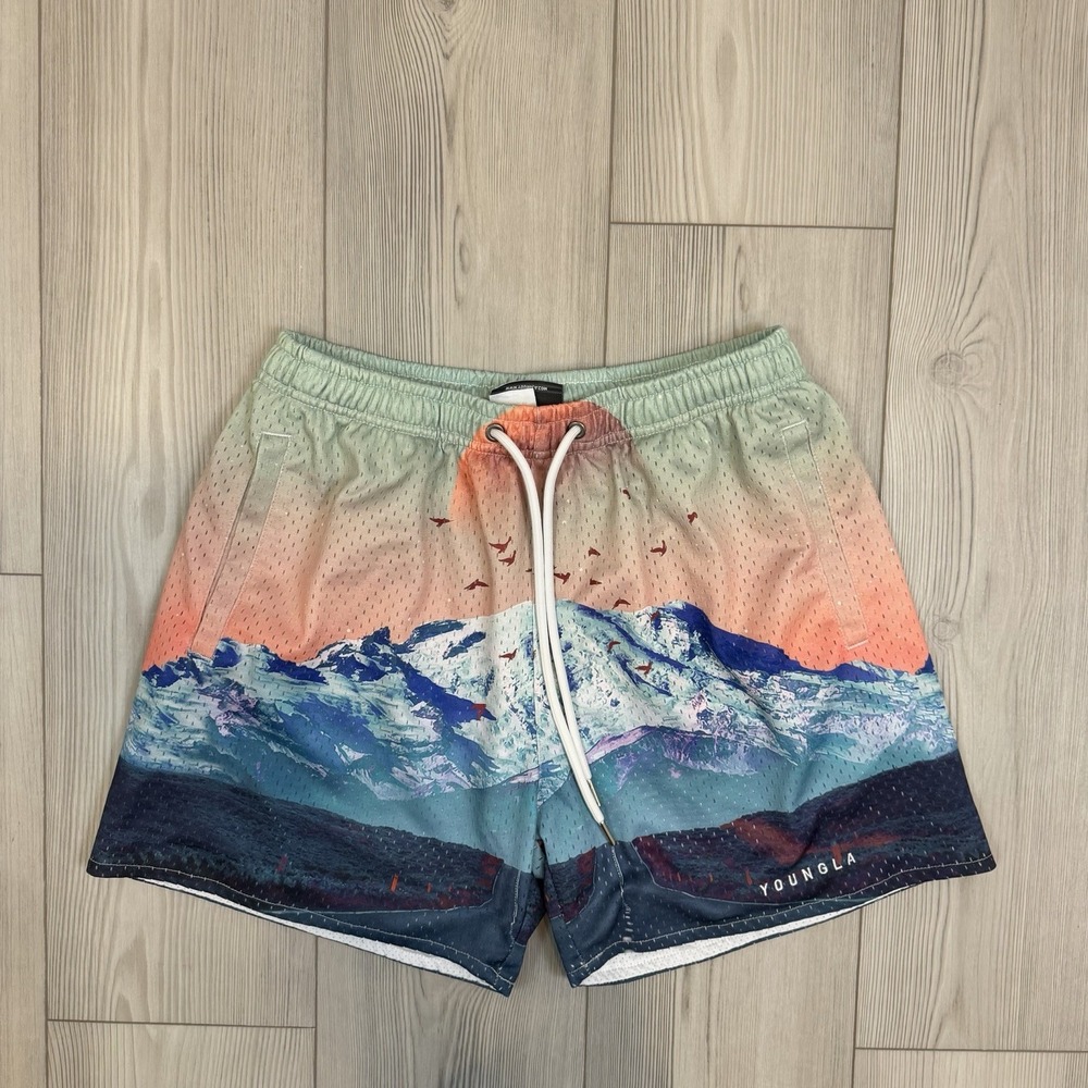 YoungLA Mint Coral Blue Gradient Mountain Athletic Shorts
